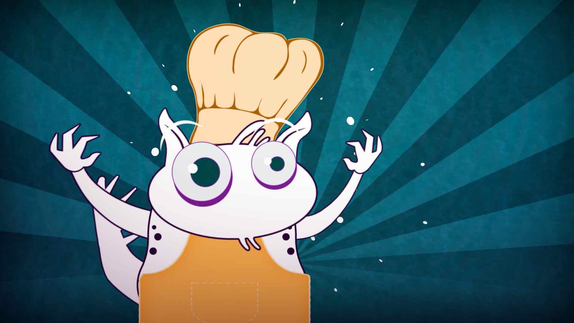 monstruo blanco con sombrero de chef, buitres, comer comida descompuesta, series gratis, series online, series infantiles, series juveniles