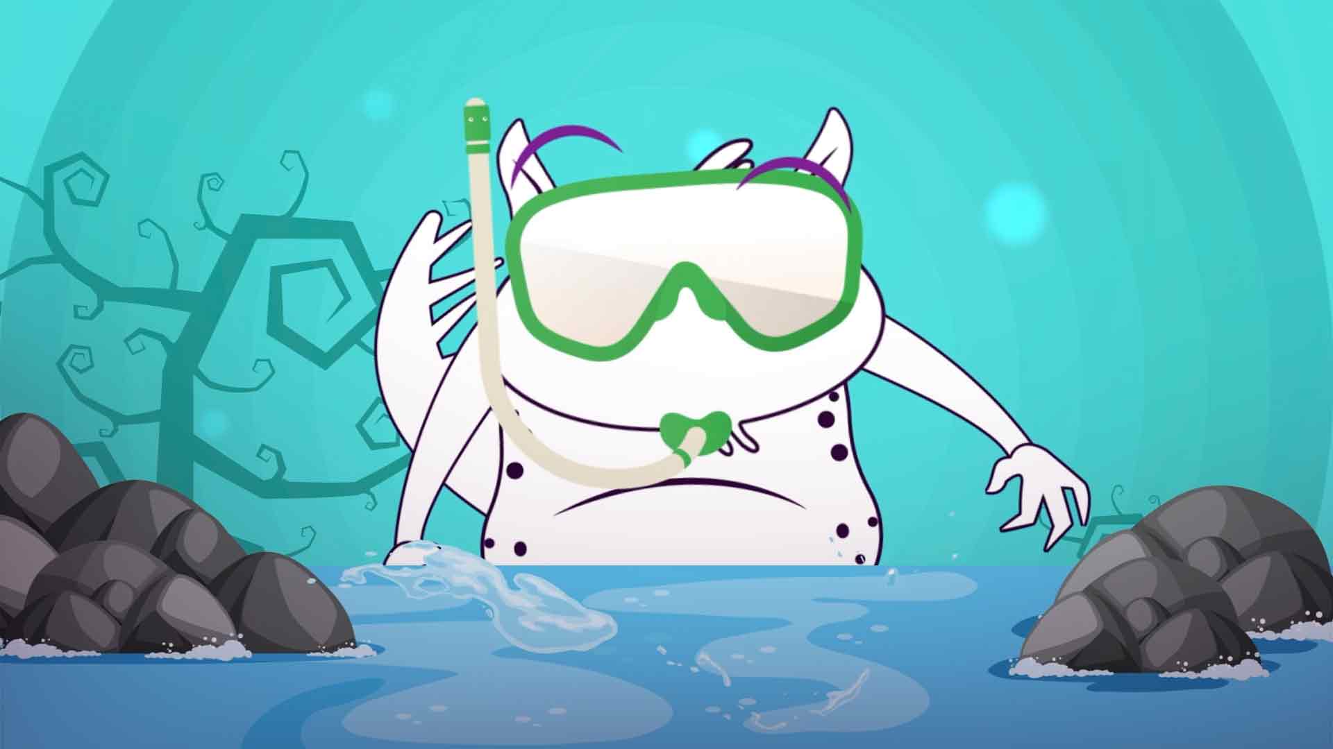 monstruo blanco con máscara de buceo, basiliscos, agua,  series gratis, series online, series infantiles, series juveniles correr sobre el agua,  