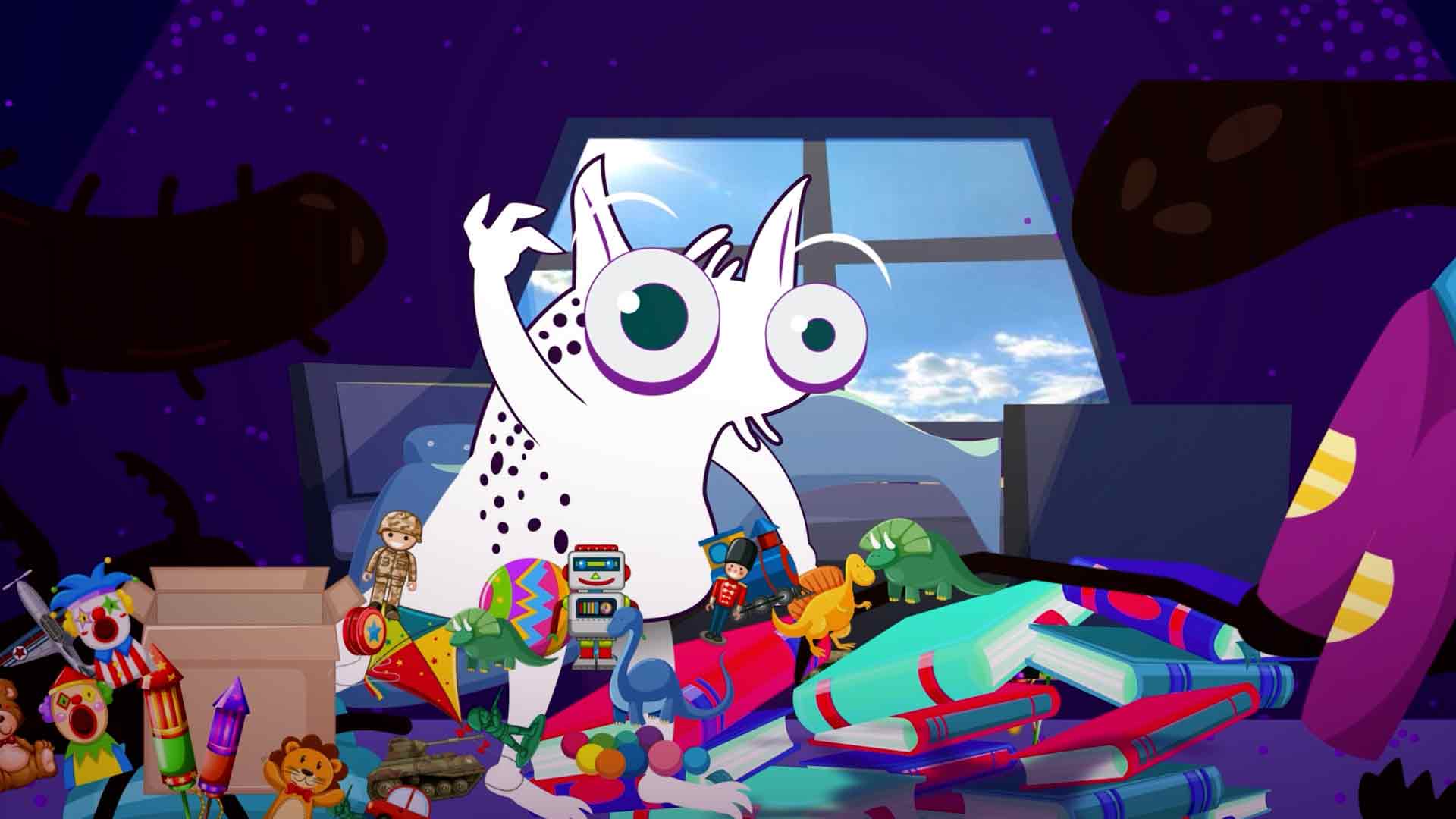 monstruo tratando de comunicarse con sus juguetes, comunicacion de los animales, lenguaje de los animales, animales, series gratis, series online, series infantiles, series juveniles