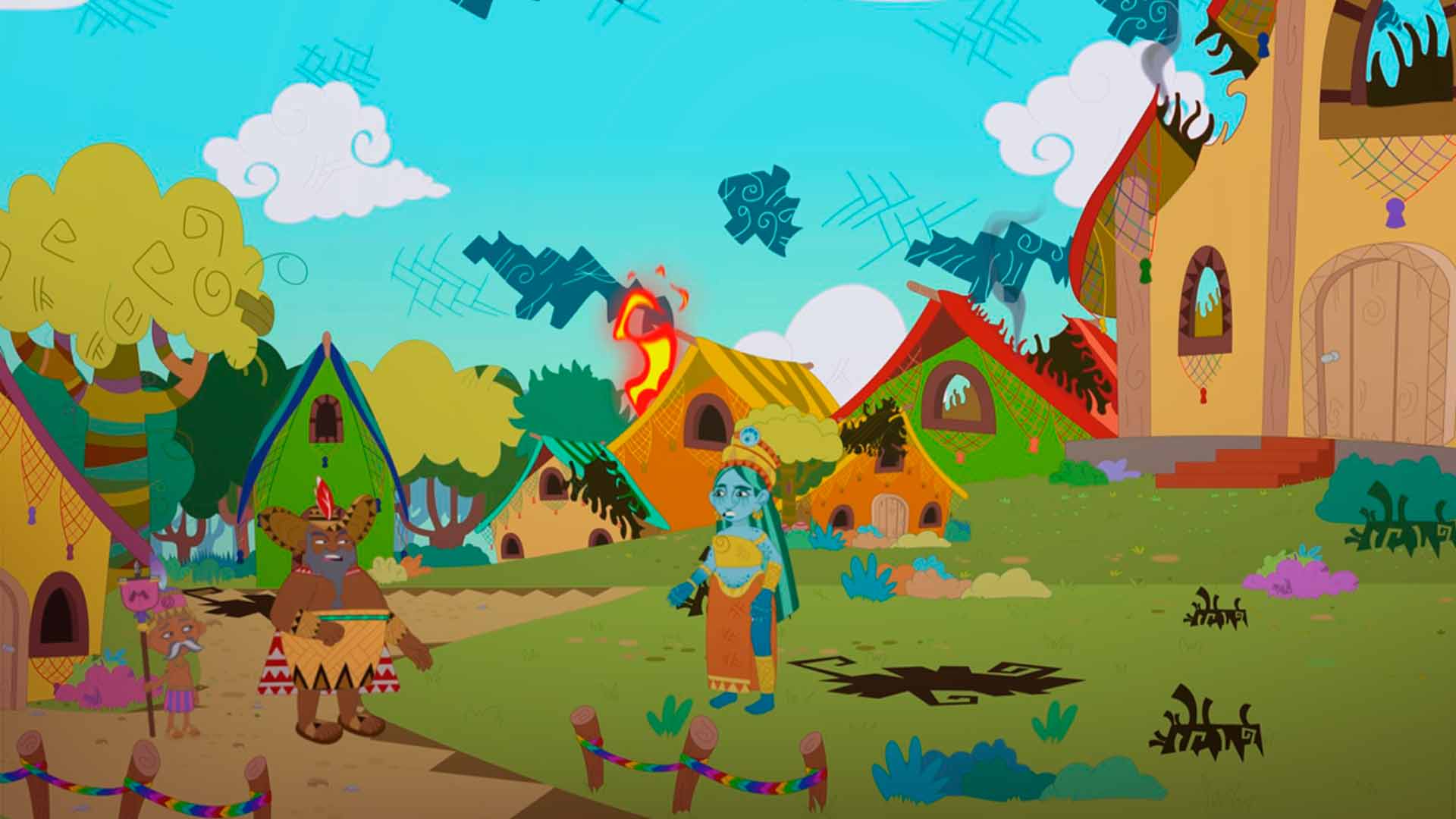 diosa del universo, dioses indígenas, tierra trenzada, colera, dioses, Miyo y Orot caminando por la selva, cumpleaños de colores, rey silvino, morroa, Panaguá, mitologia, leyendas, mitos, Malvada Macorina, series online, series para niños, series animadas