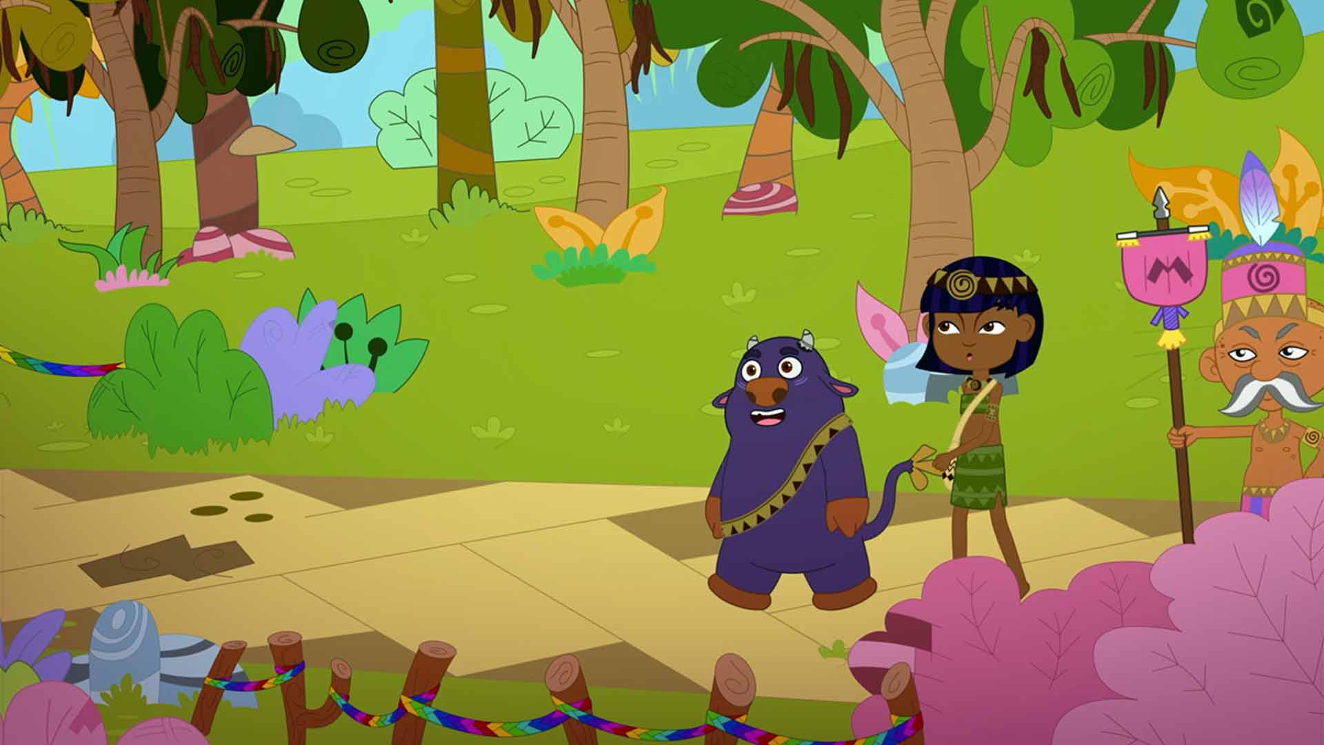 Miyo y Orot caminando por la selva, cumpleaños de colores, rey silvino, morroa, Panaguá, mitologia, leyendas, mitos, Malvada Macorina, series online, series para niños, series animadas