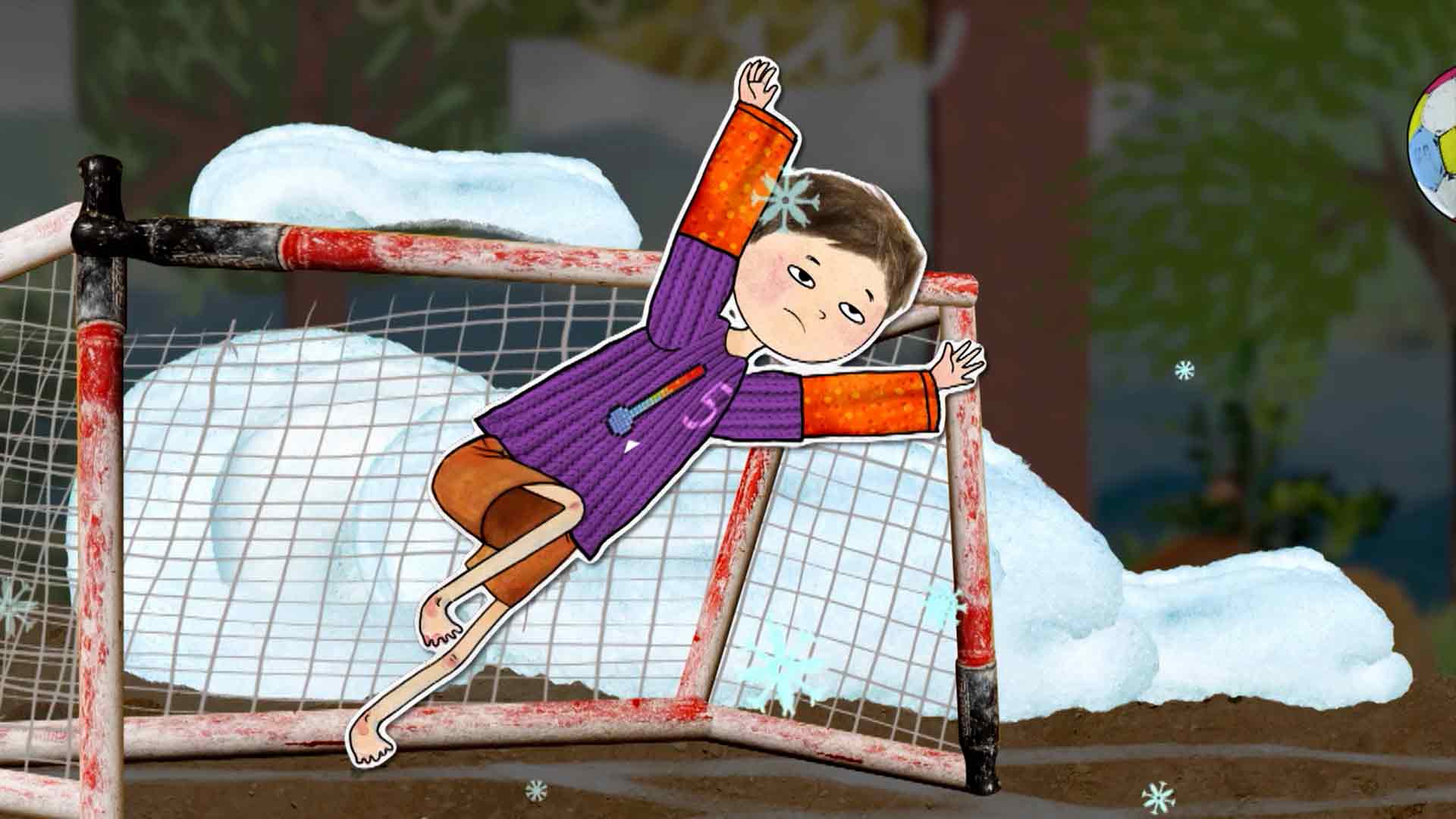 Alba participa en el partido con la camisa para el clima creada por Tomás serie infantil Señal Colombia