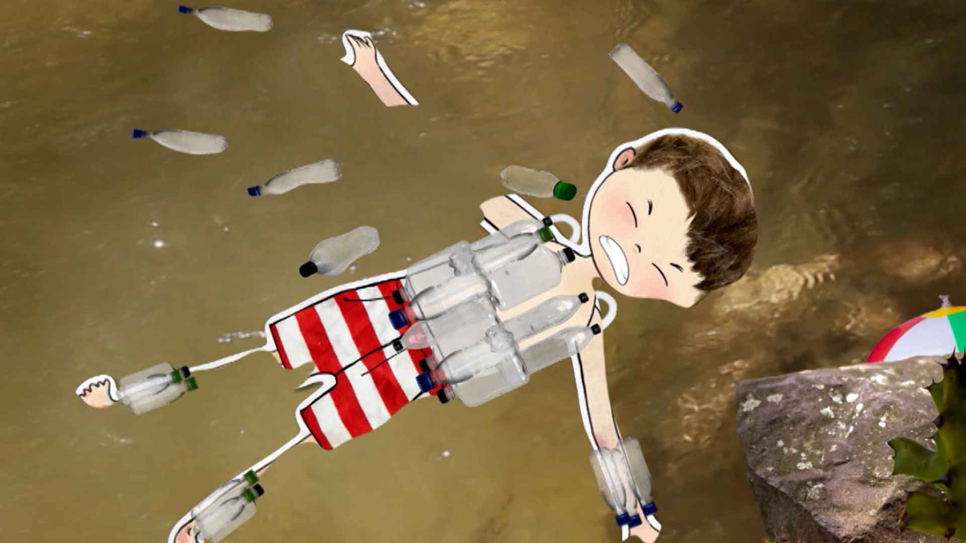niño flotando en el río con flotador hecho de botellas