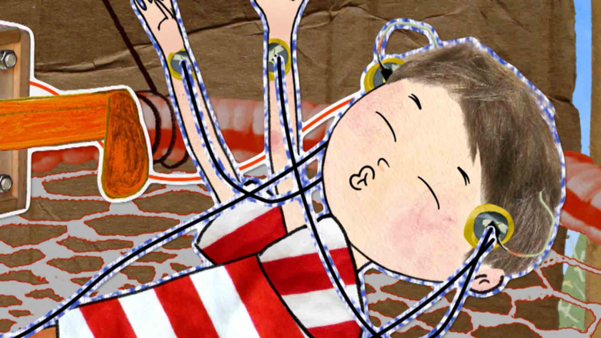 niño conectado a cables con electricidad