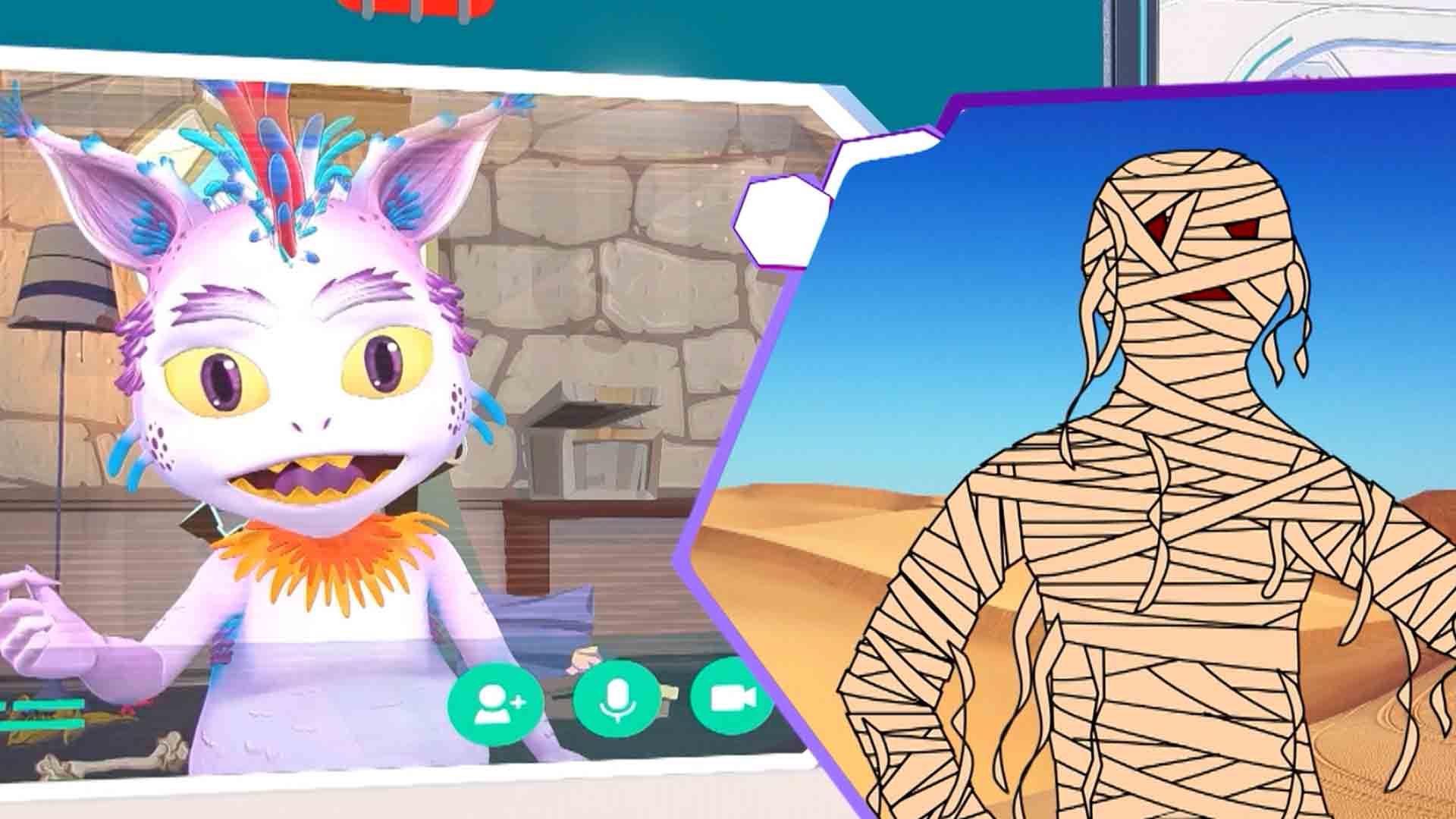 monstruo hablando con una momia por videollamada
