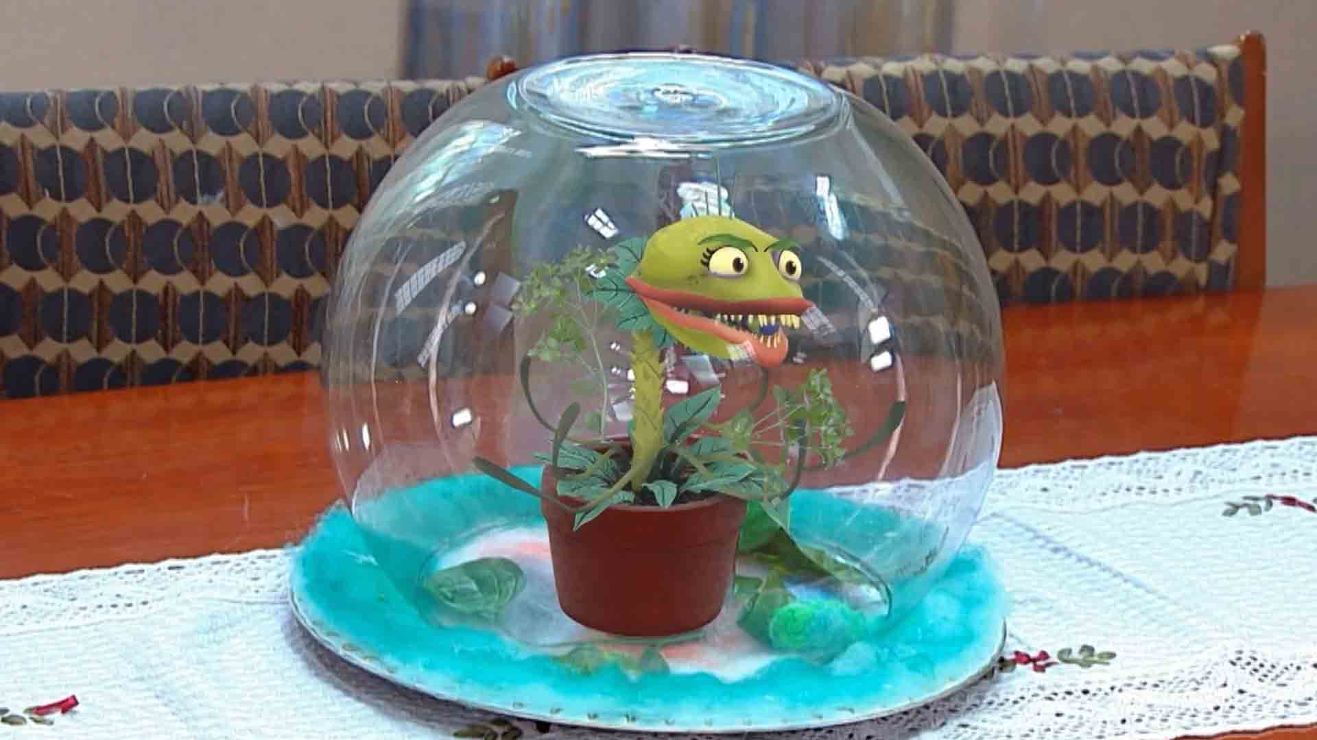 planta carníbora cubierta con una pecera