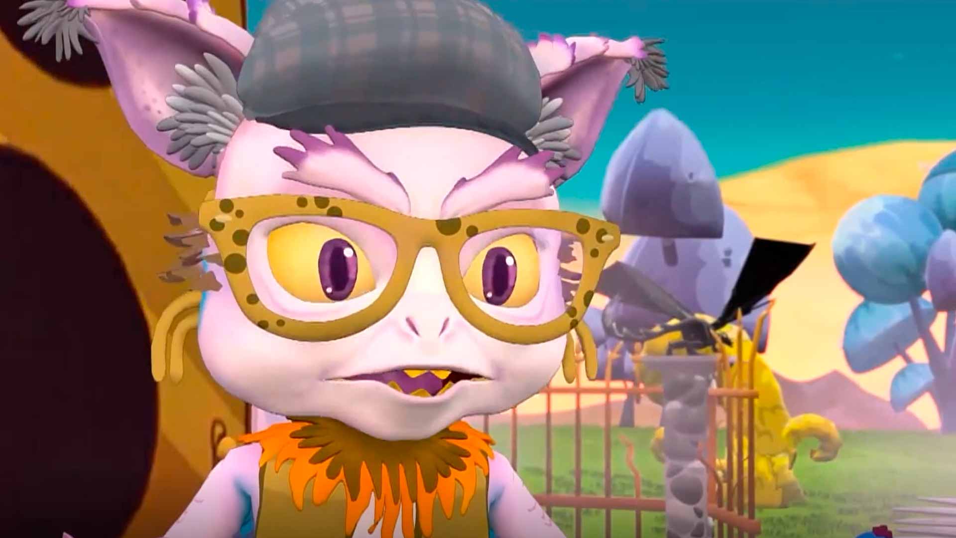 Personaje rosado con gafas amarillas de  la serie infantil Territorio Mágico 