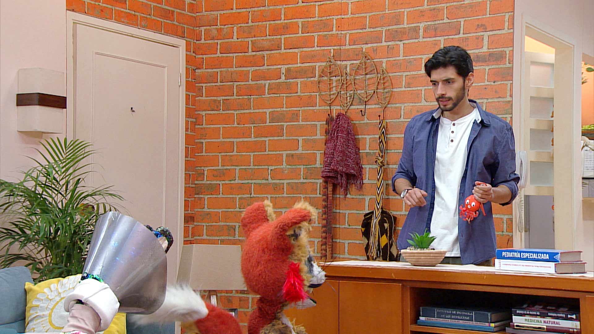 hombre hablando con sus amigos de peluche