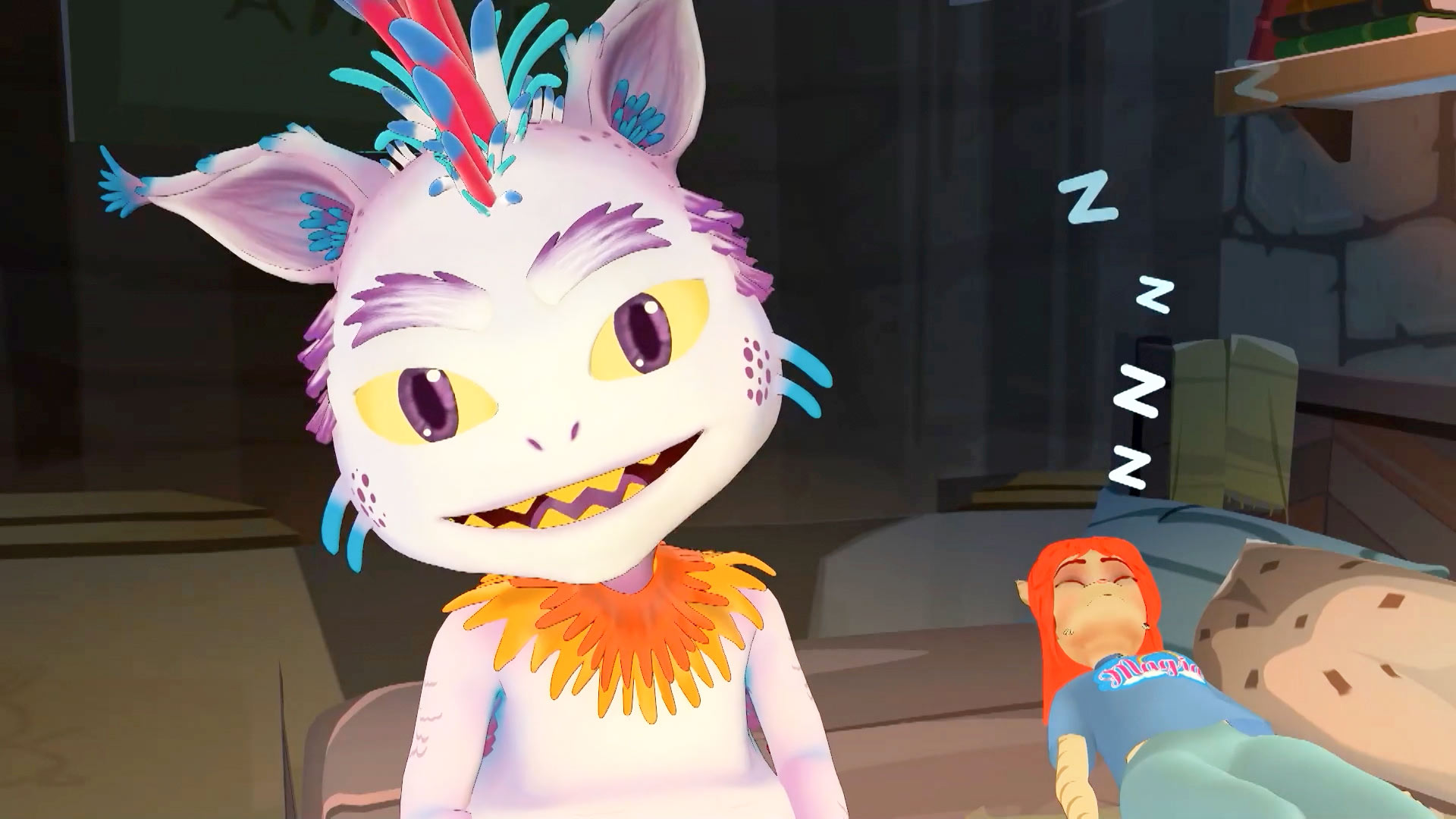 monstruo en primer plano y niña dormida en el fondo