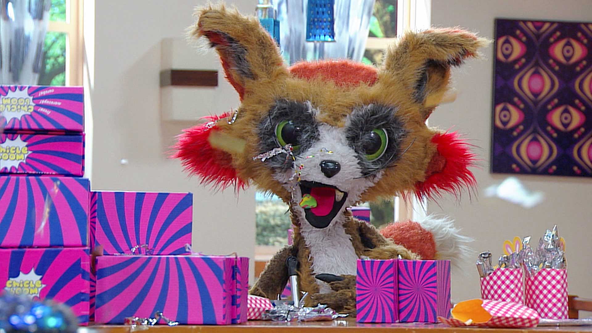 Zorro feliz comiendo chicle