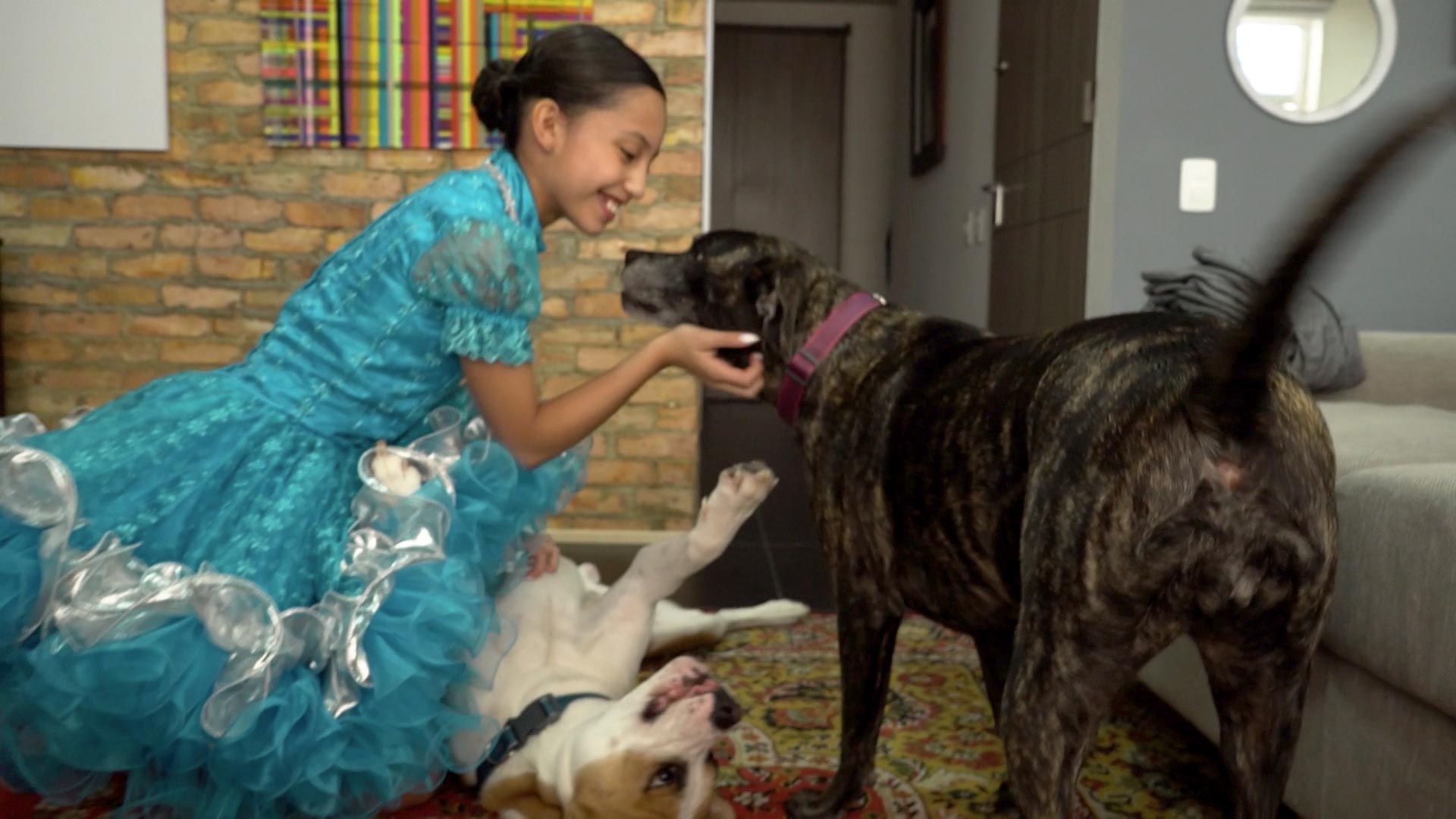 niña disfrazada de princesa acariciando un perro