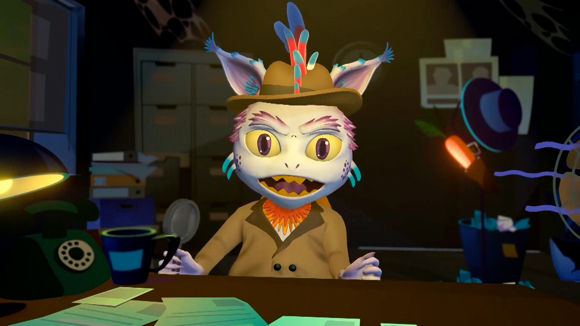 monstruo detective en su oficina