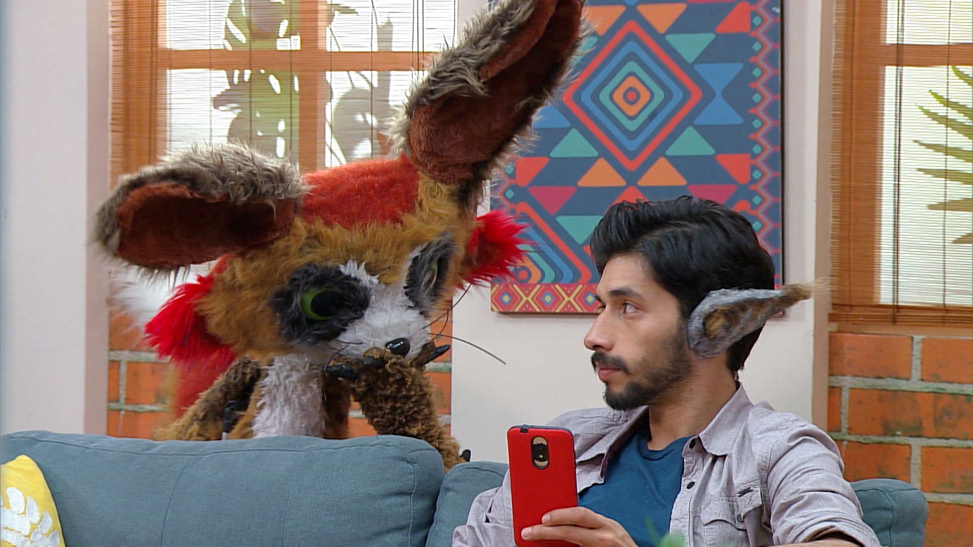 humano con orejas de burro y su peluche