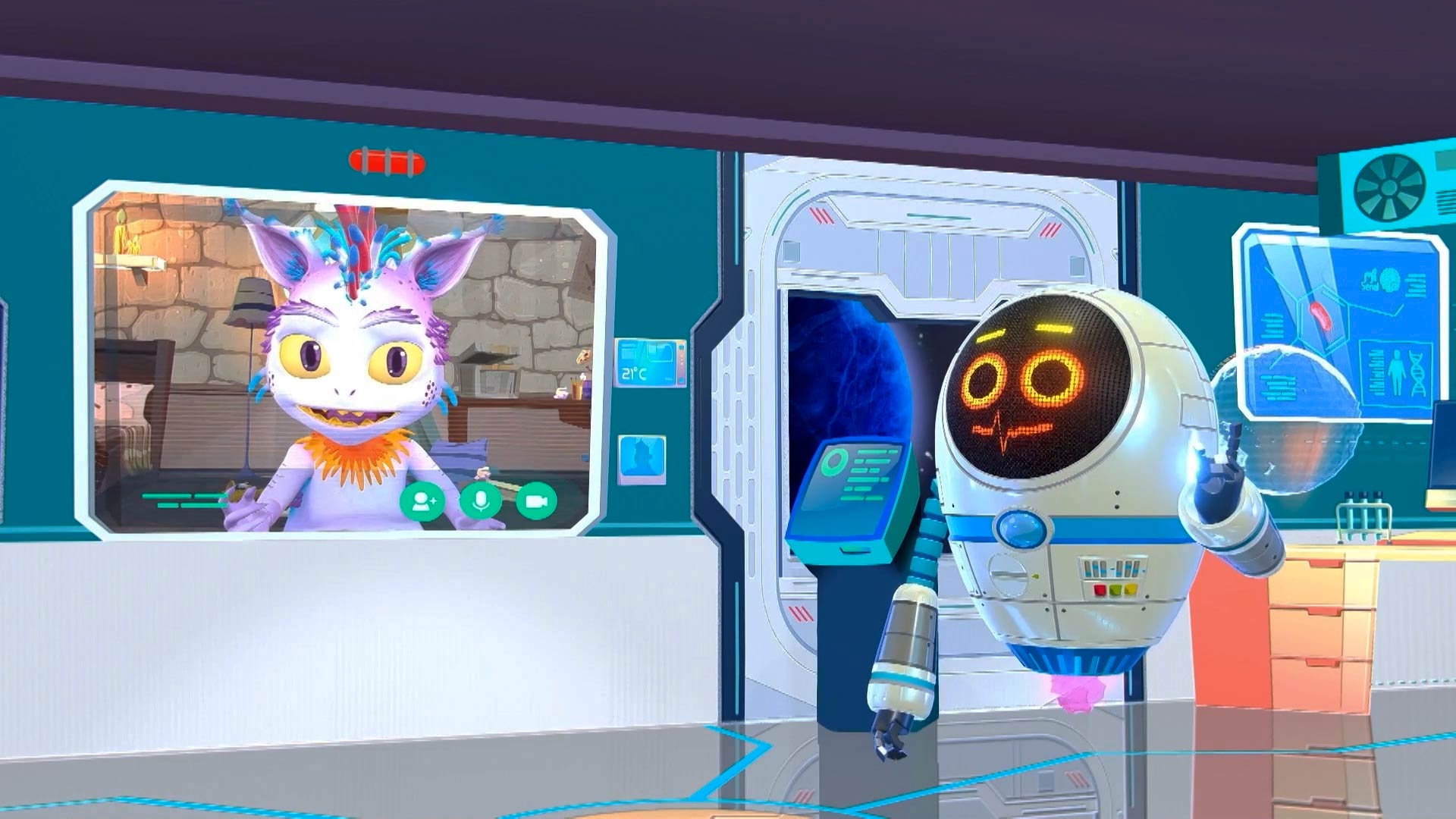 robot hablando con alguien a través de una pantalla 