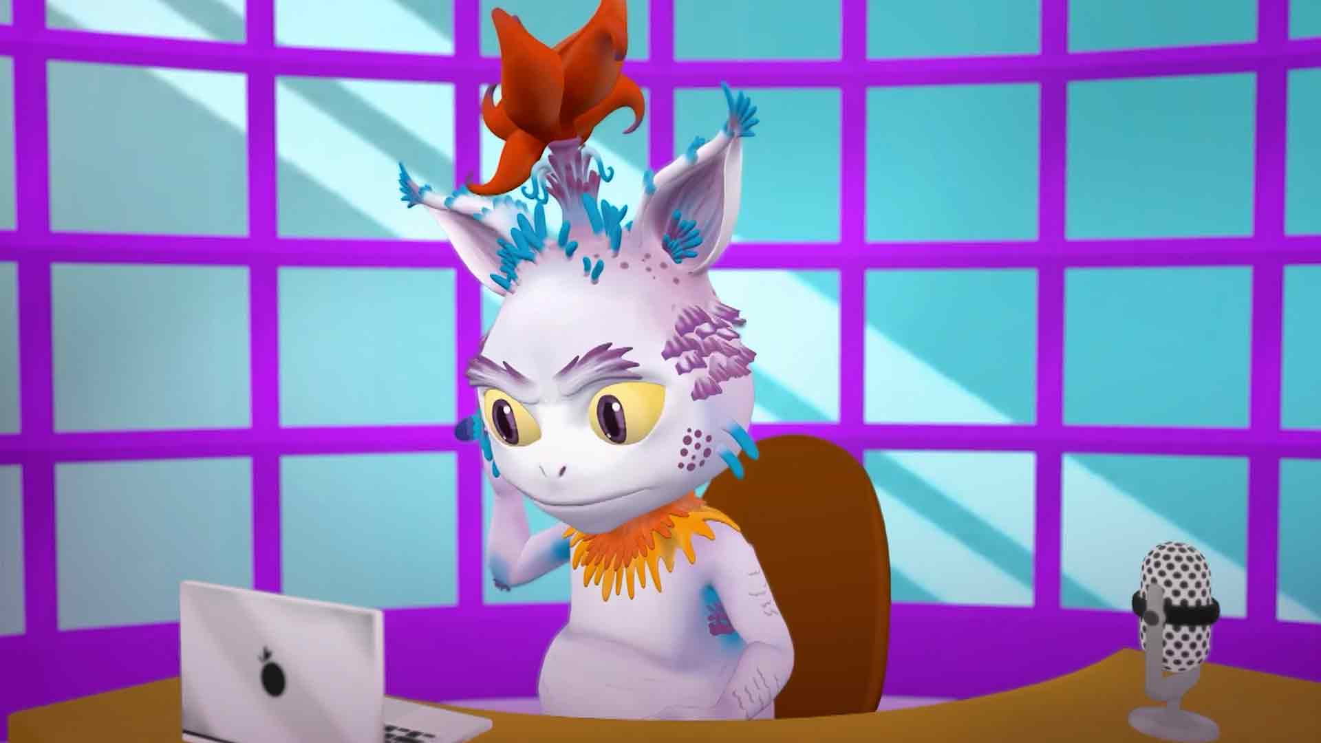 monstruo con rasgos felinos usando el computador