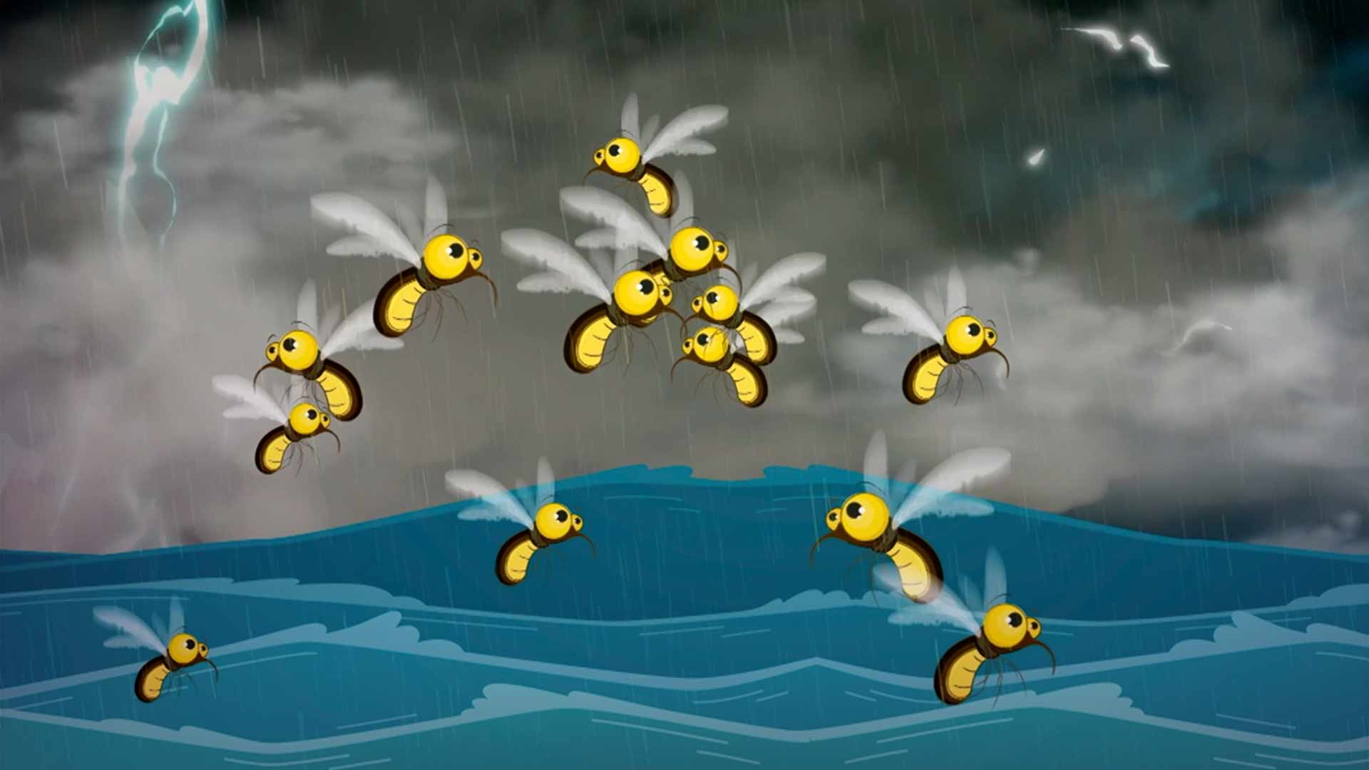 Abejas sobrevolando agua en medio de una tempestad