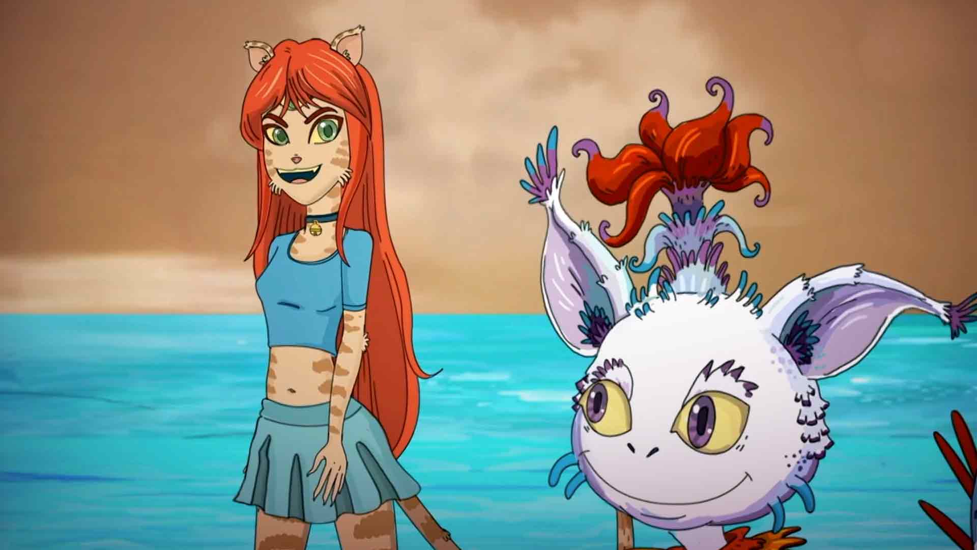 dos monstruos caminando frente al mar