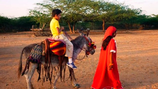niño gitano sobre un burro junto a una niña indígena caminando por el desierto de la Guajira