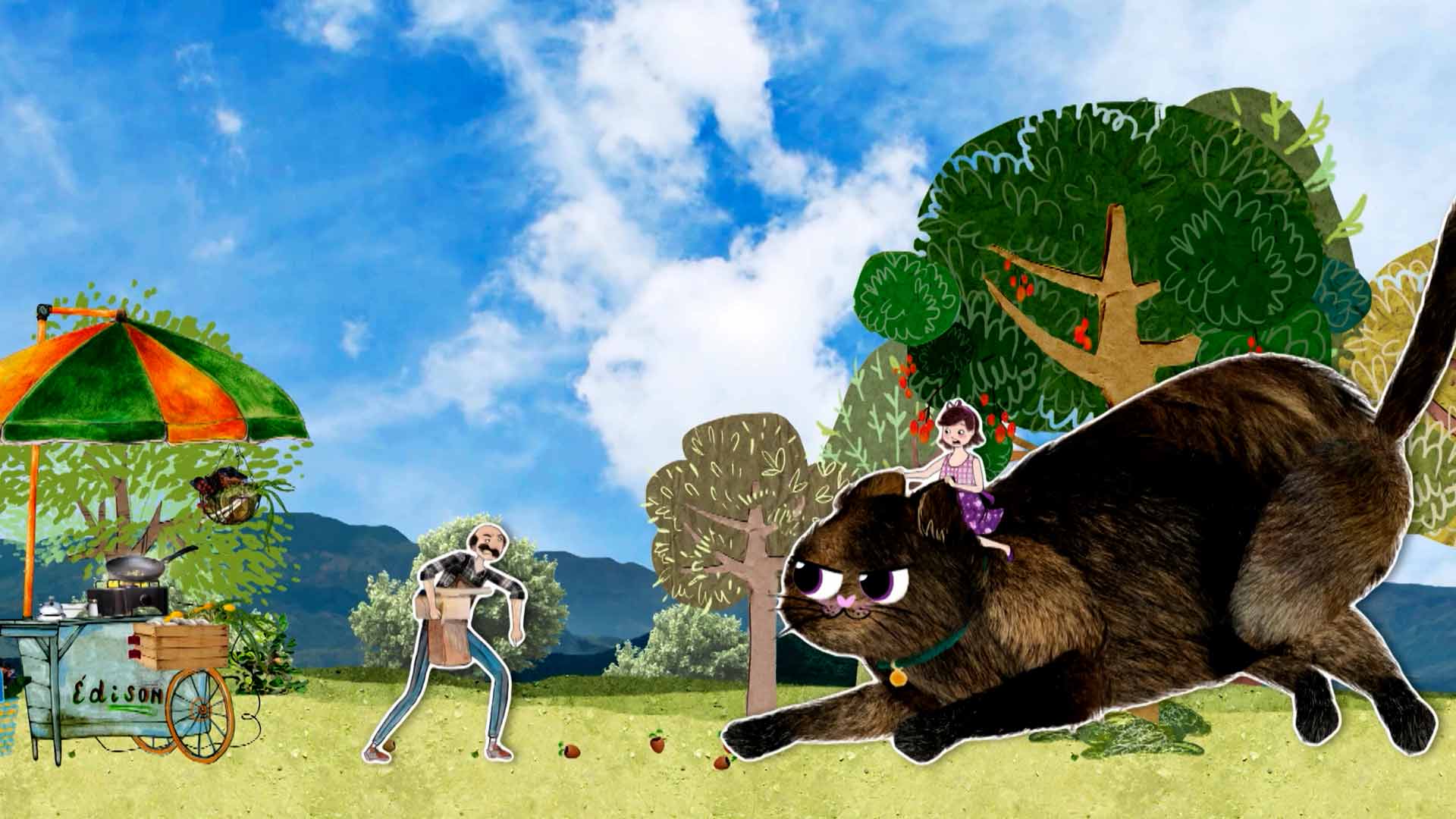 niña montada sobre un gato gigante