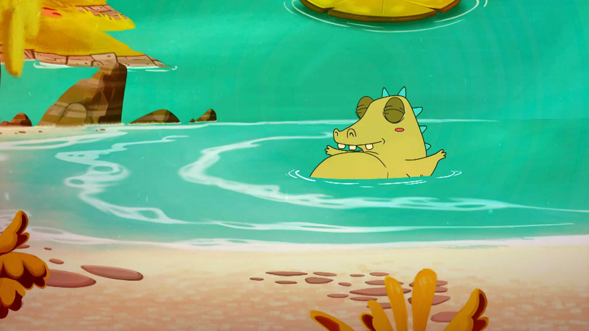 Lilo el cocodrilo relajado animado, cocodrilo nadando, aprender a nadar, cocodrilo animado, ver cuentitos magicos,  series infantiles, series para niños, series gratis, series online, series de señal colombia