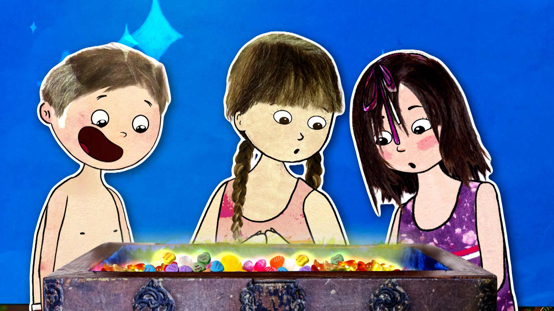 niños asombrados con un tesoro 