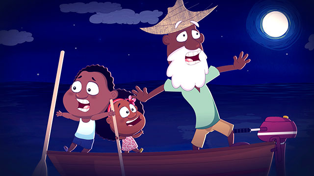 Guillermina y Candelario con su abuelo en una canoa 