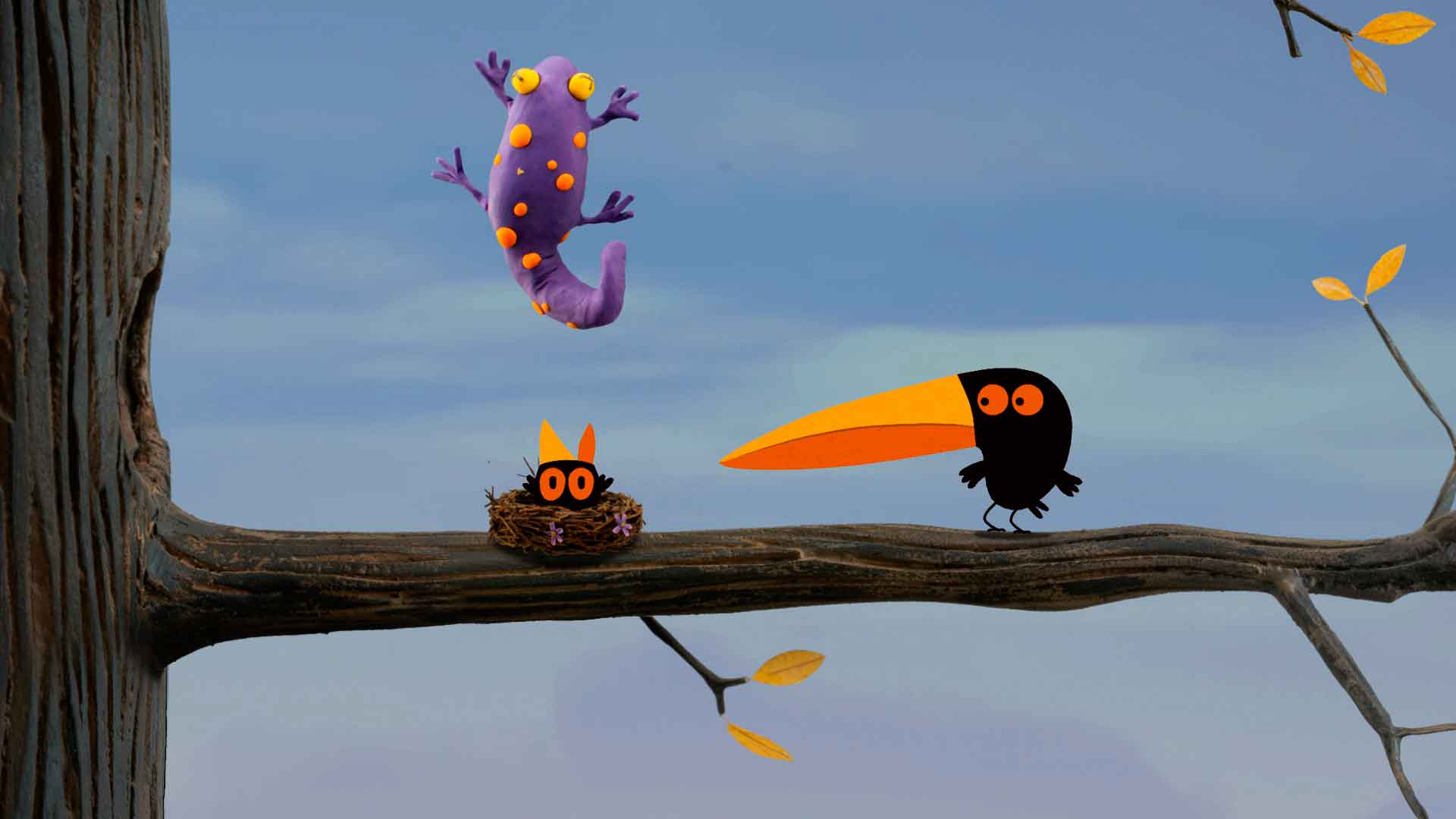 Pajaritos a volar, nidos, empollar huevos, ver dos pajaritos, pajaros animados, pajaros de colores animados, serie infantil, pajaros rojos, series de señal colombia