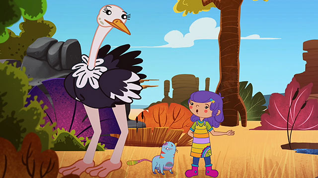 aveztrúz con niña y gatito