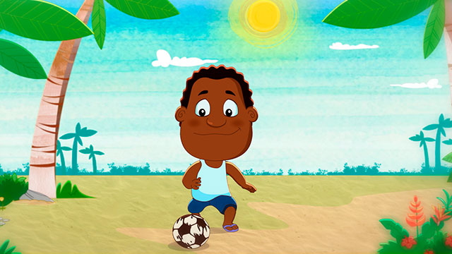 Candelario jugando fútbol en la playa