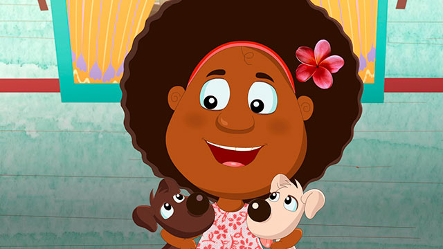 Guillermina feliz con dos cachorritos 