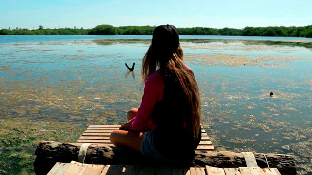 Una mujer observando un lago