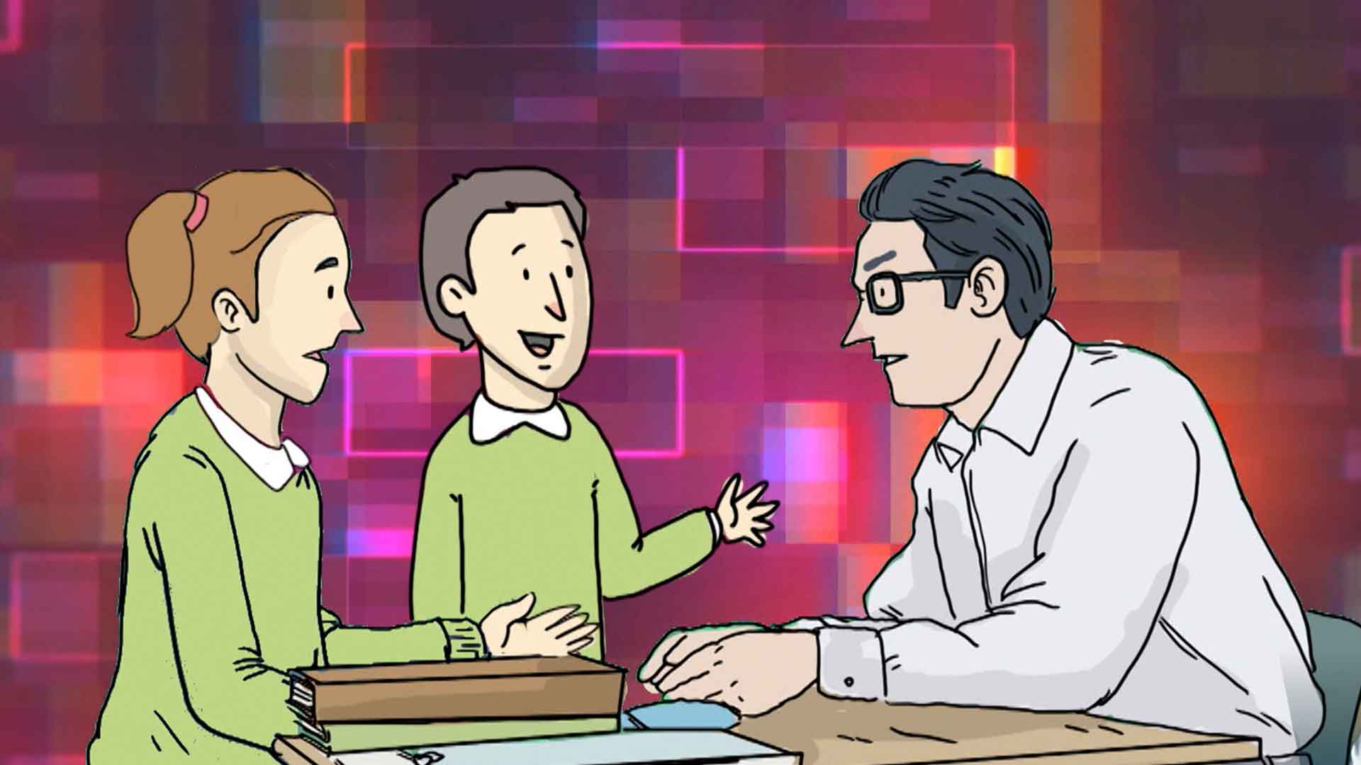 familia animada hablando, nuevo colegio, cambios, nuevos retos, nuevos amigos, profe en tu casa, series educativas, señal colombia, series divertidas